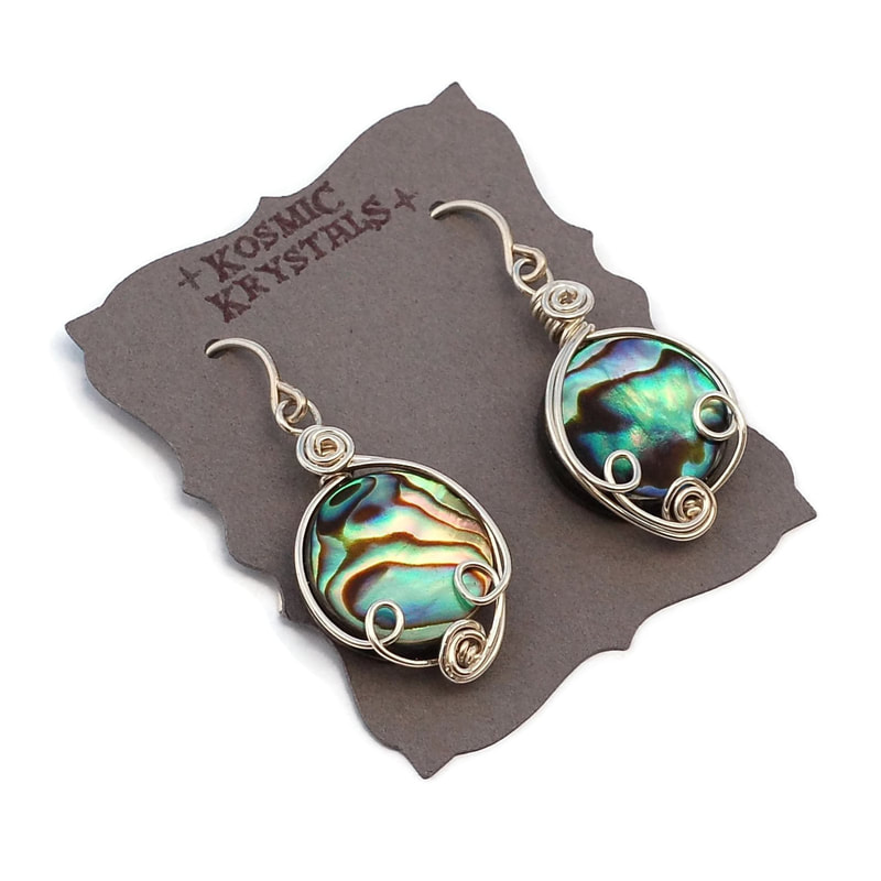 Blue Green Abalone Shell Earrings in Sterling Silver 